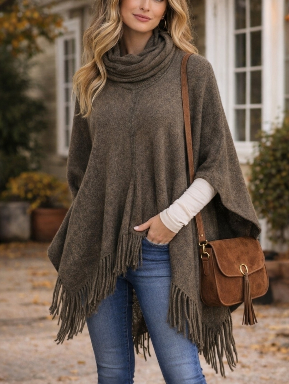 Northern Angel Boho Knit Poncho Shawl Fringe Cowl Neck Cozy Wrap Womens L XL